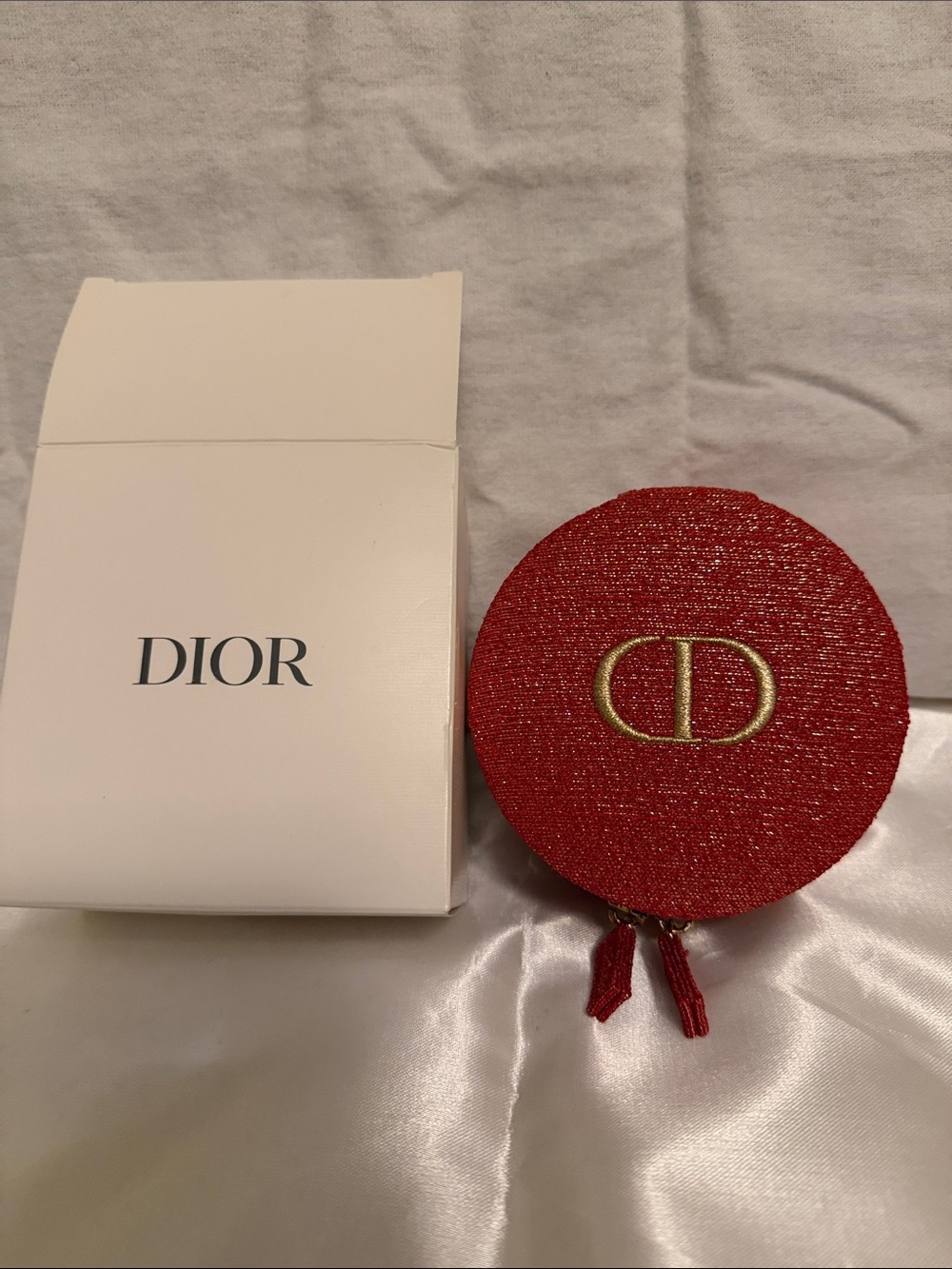 Dior Red Round Cosmetic Pouch with Gold CD Emblem